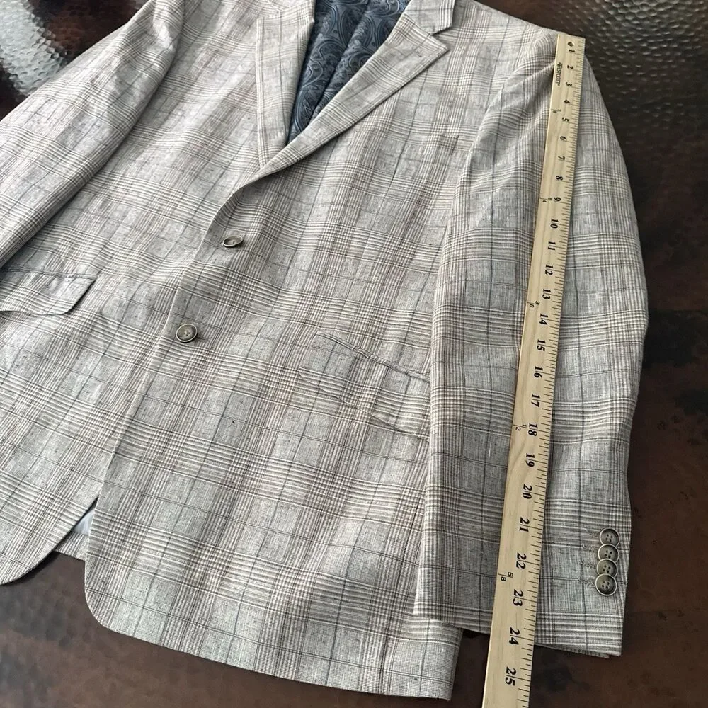 Joseph Abboud Paisley Linen Blazer Men 44S Slim Tan Plaid 2 Button Sport Coat
